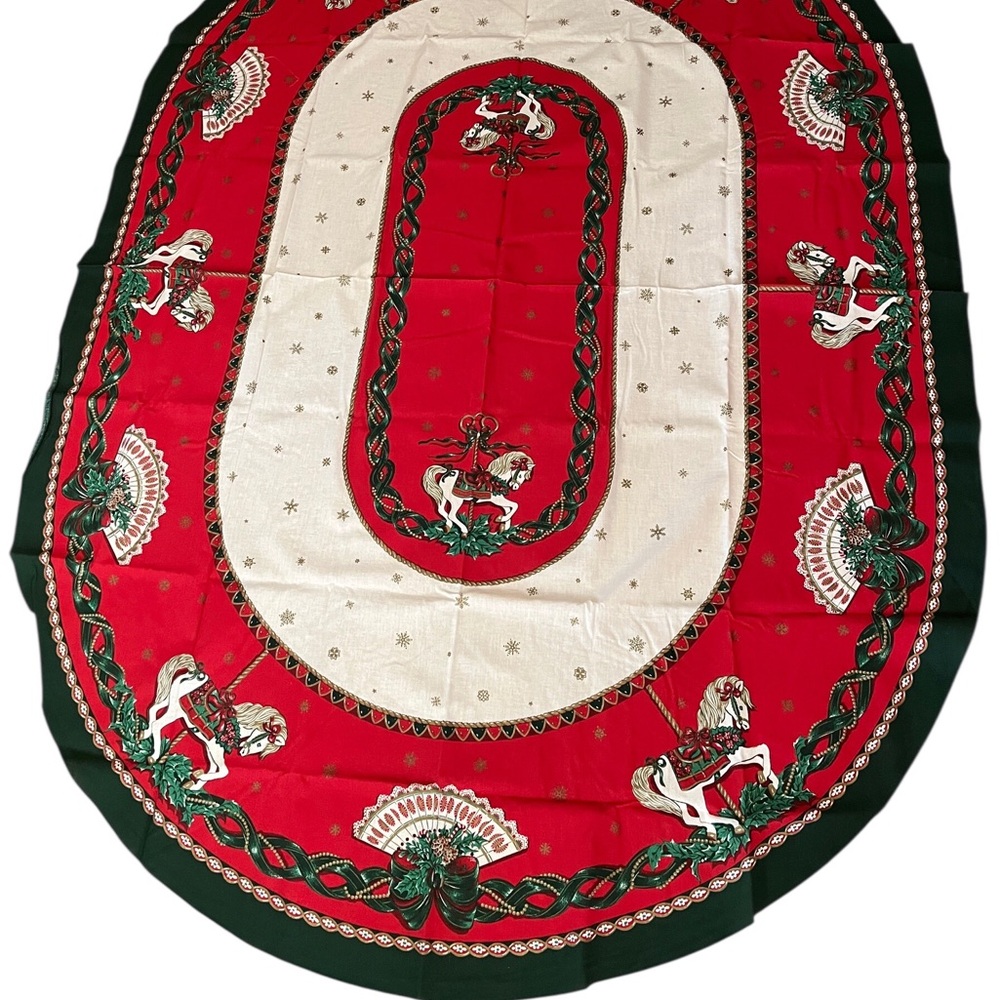 Vtg Christmas Tablecloth VICTORIAN TIDINGS Oval Carousel Horses Holly Fans+ READ